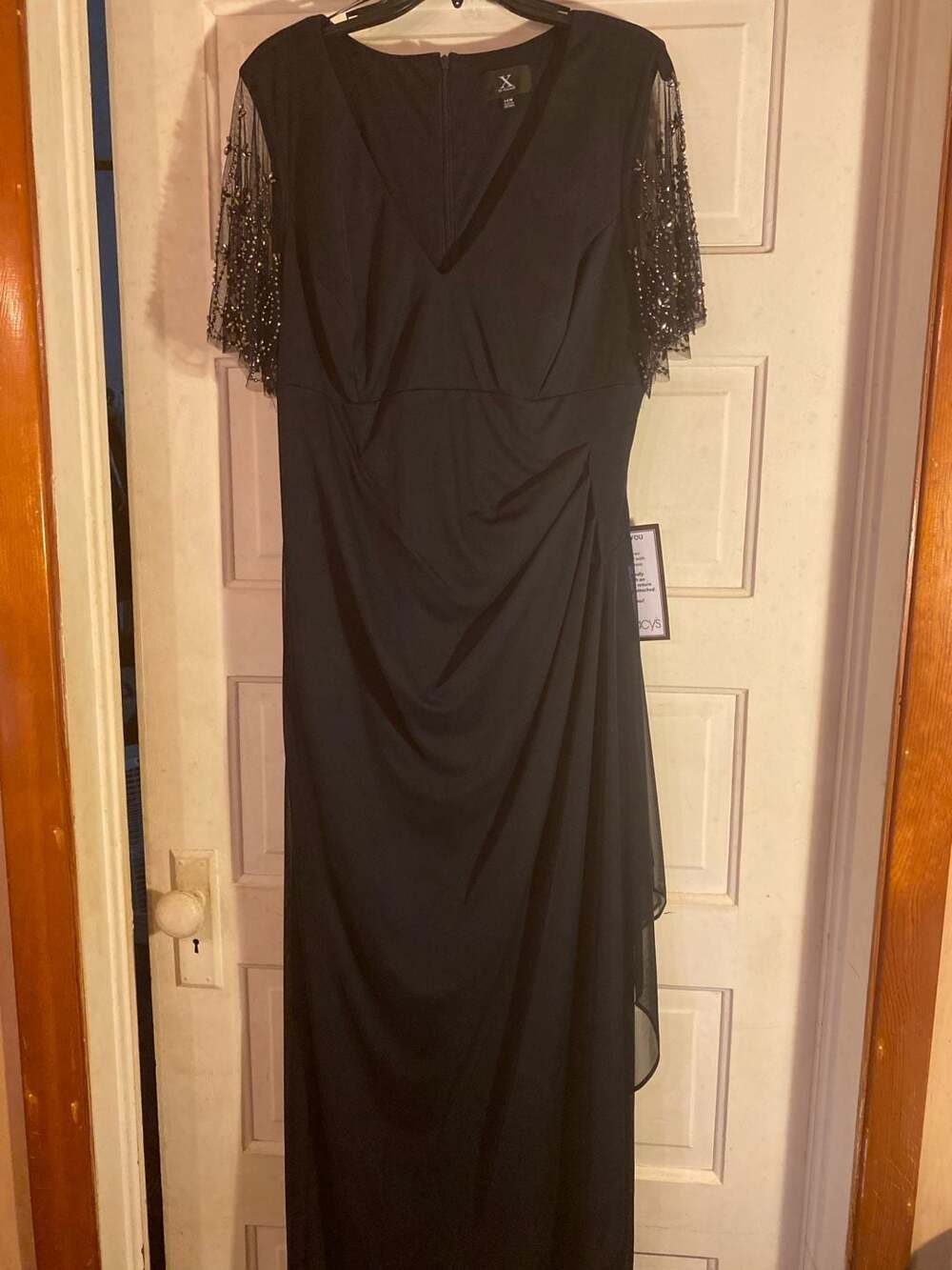 X by Xscape Women's Plus Size Beaded Flutter Sleeve V-Neck Jersey Gown